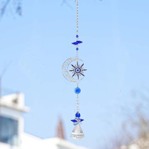 Elegant Blue Crystal Moon Sun Catcher Evil Eye Garden Hanging Ornament