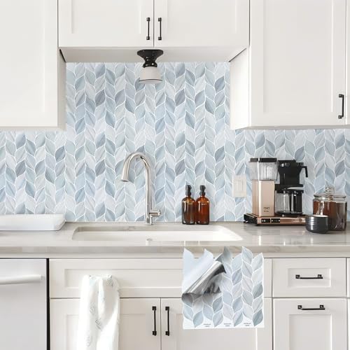 Tilingview 10 Pcs Leaf Design Peel and Stick Wall Tiles Blue Gray