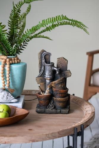 Brown and Gray Water Fountain with LED Light and Antique Pump Design
