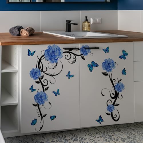 Blue Flower Vine Butterfly Wall Decals Removable Vinyl Peel and Stick