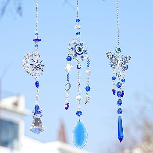 Elegant Blue Crystal Moon Sun Catcher Evil Eye Garden Hanging Ornament