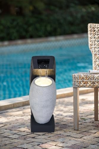 Elegant Black and White Water Fountain with Vase and Light