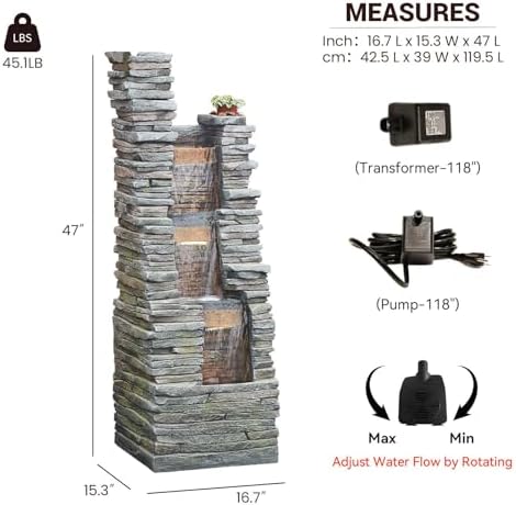 47 Inch Gray Outdoor Fountain With LED Lights And Pump