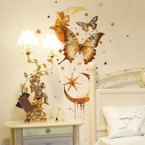 Golden Butterfly Moon Star Wall Decals Waterproof Vinyl Removable