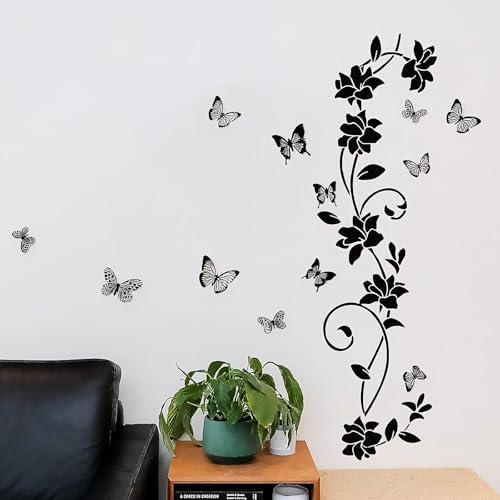Black Flower Wall Stickers for Bathroom Vines and Butterfly Decals