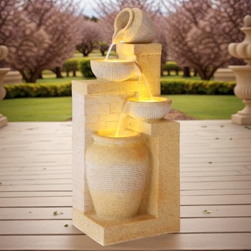 Outdoor Bowl Fountain with 4 Tiered Waterfall and LED Lights Yellow
