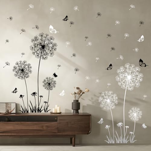 4 Sheets Dandelion Wildflower Wall Decals White Black