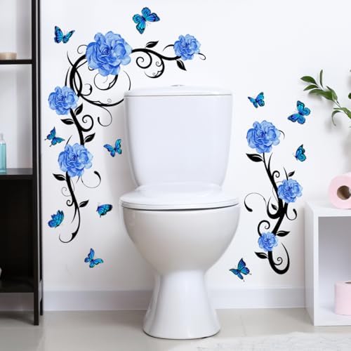 Blue Flower Vine Butterfly Wall Decals Removable Vinyl Peel and Stick