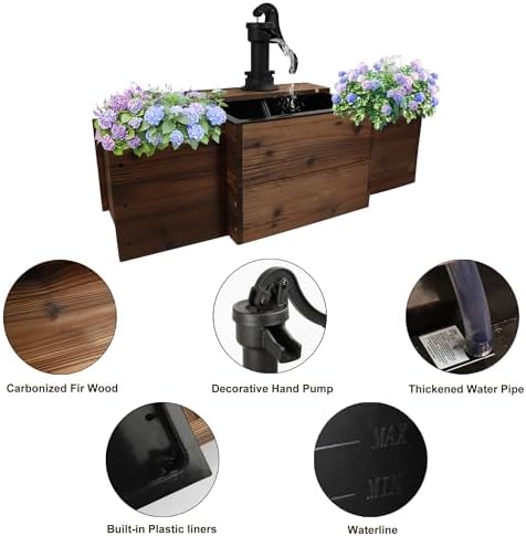 Outdoor Wooden Rectangular Pump Water Fountain with Flower Box