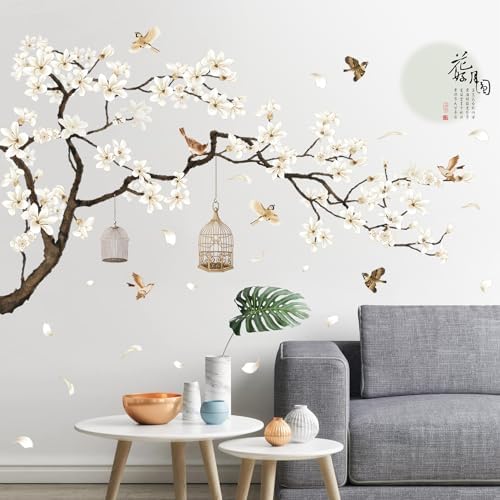 Chinese Style White Flowers Black Tree Wall Decals 50x74 Inch