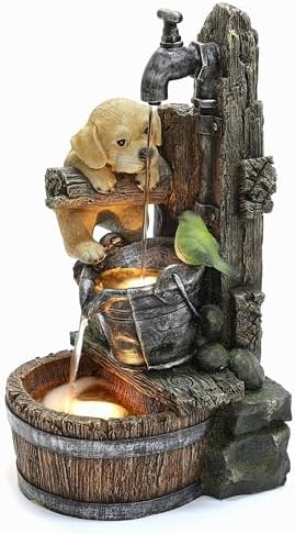 LuxenHome Whimsical Puppy Dog Water Fountain Outdoor with LED Lights