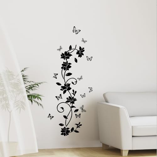 Black Flower Wall Stickers for Bathroom Vines and Butterfly Decals