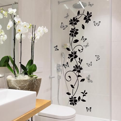 Black Flower Wall Stickers for Bathroom Vines and Butterfly Decals