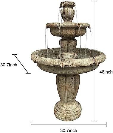 SunJet 48 Inch Modern Concrete Water Fountain with 3 Tiered Waterfalls