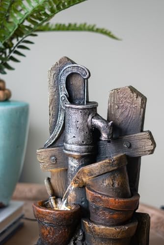 Charming Brown Gray Water Fountain with LED Light and Antique Pump