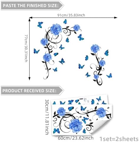 Blue Flower Vine Butterfly Wall Decals Removable Vinyl Peel and Stick