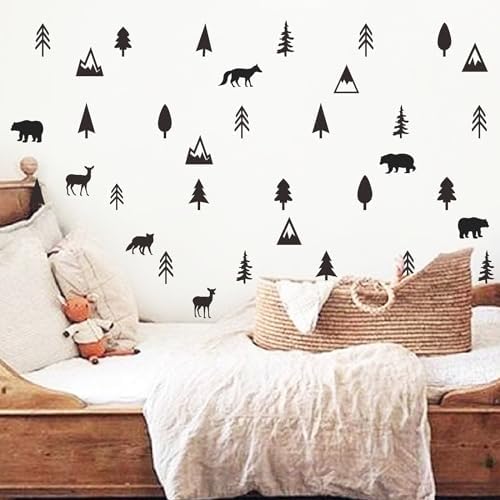 Woodland Animal Wall Stickers with Pine Tree and Mountain Decals
