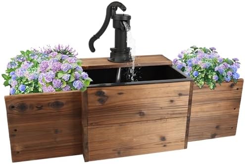 Outdoor Wooden Rectangular Pump Water Fountain with Flower Box