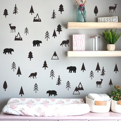 Woodland Animal Wall Stickers with Pine Tree and Mountain Decals