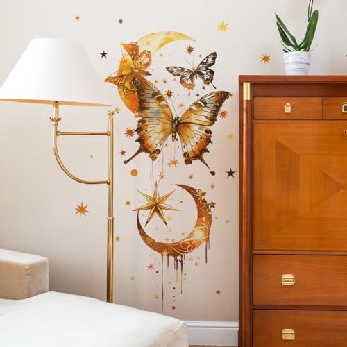 Golden Butterfly Moon Star Wall Decals Waterproof Vinyl Removable