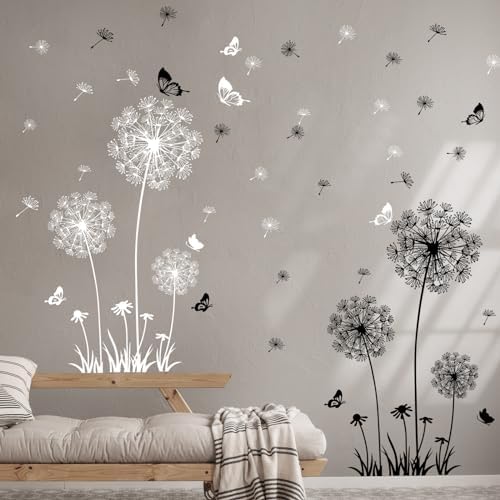 4 Sheets Dandelion Wildflower Wall Decals White Black