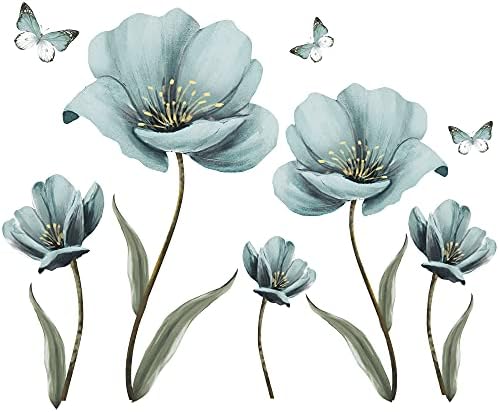 Dreamy Blue Flower Wall Decals with Painted Butterflies