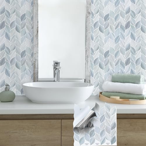 Tilingview 10 Pcs Leaf Design Peel and Stick Wall Tiles Blue Gray