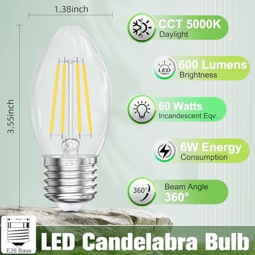 GvvooHome E26 LED Candelabra Bulb 12 Pack 6W 5000K Daylight
