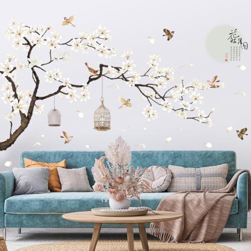 Chinese Style White Flowers Black Tree Wall Decals 50x74 Inch