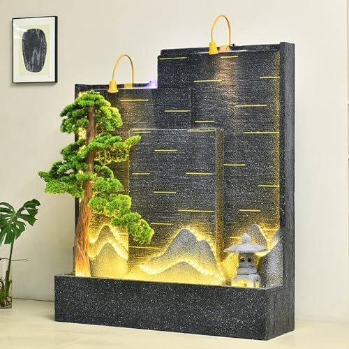 Luxury Rockery Cement Fountain with LED Lights and Real Wood