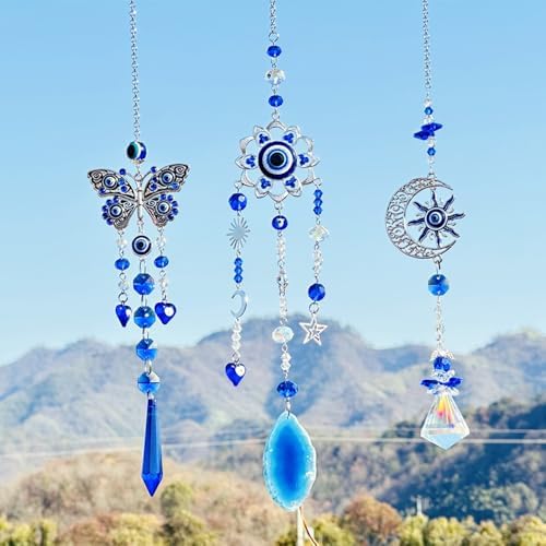 Elegant Blue Crystal Moon Sun Catcher Evil Eye Garden Hanging Ornament