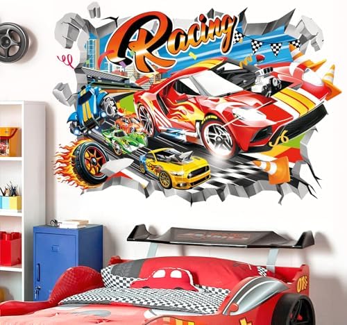 Decalmile 3D Racing Cars Wall Decals for Kids Room