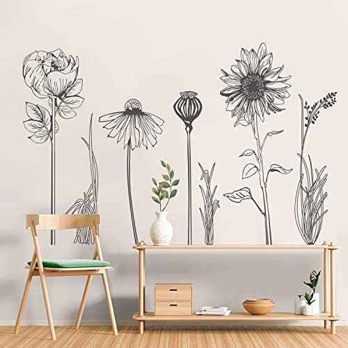 Black Simple Flower Plant Wall Decals 2 Sheets