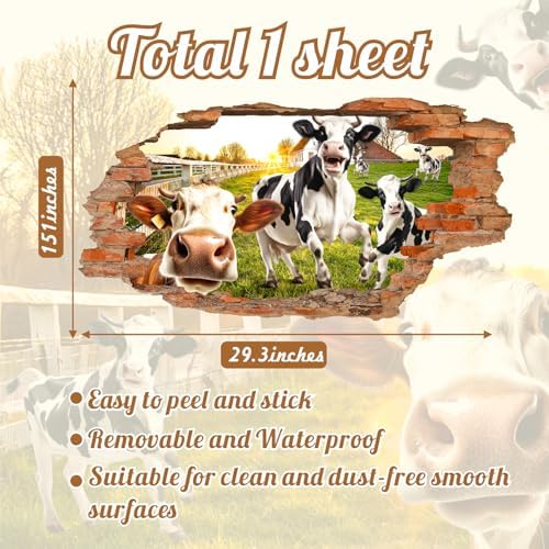 3D Broken Wall Decals Funny Cow Art for Living Room Kitchen