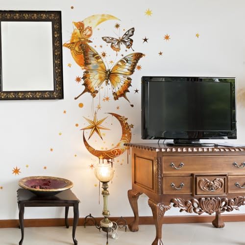 Golden Butterfly Moon Star Wall Decals Waterproof Vinyl Removable