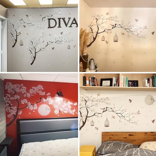 Chinese Style White Flowers Black Tree Wall Decals 50x74 Inch
