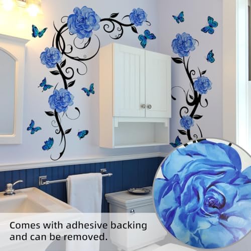 Blue Flower Vine Butterfly Wall Decals Removable Vinyl Peel and Stick