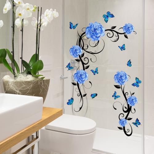 Blue Flower Vine Butterfly Wall Decals Removable Vinyl Peel and Stick