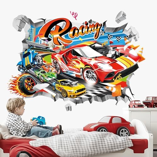 Decalmile 3D Racing Cars Wall Decals for Kids Room