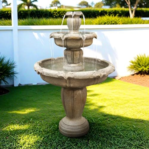 SunJet 48 Inch Modern Concrete Water Fountain with 3 Tiered Waterfalls