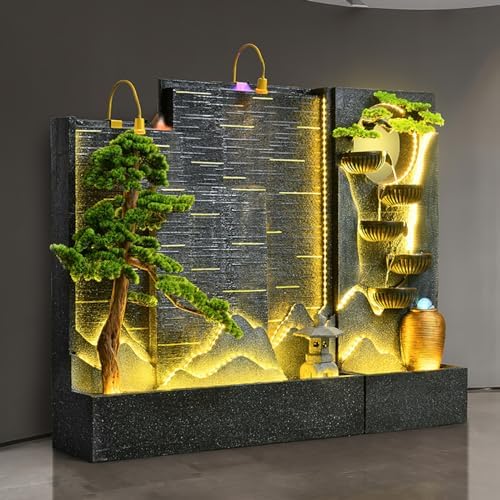 Luxury Rockery Cement Fountain with LED Lights and Real Wood