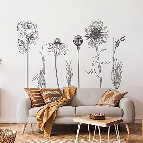 Black Simple Flower Plant Wall Decals 2 Sheets