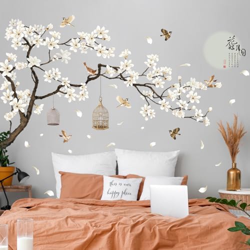 Chinese Style White Flowers Black Tree Wall Decals 50x74 Inch