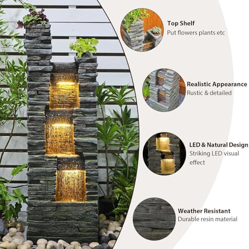 47 Inch Gray Outdoor Fountain With LED Lights And Pump