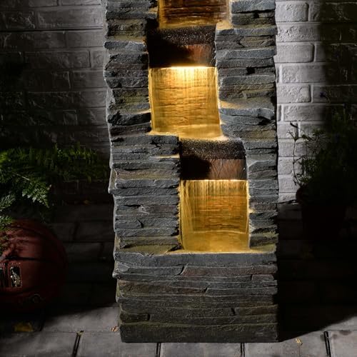 47 Inch Gray Outdoor Fountain With LED Lights And Pump