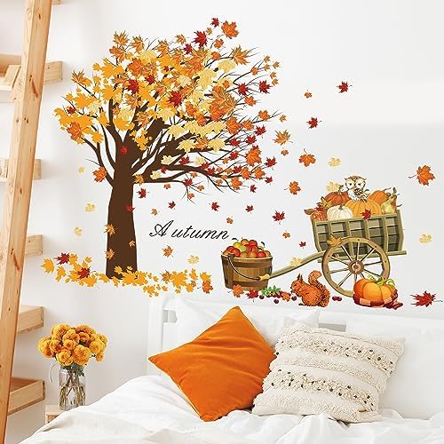 Fall Thanksgiving Wall Sticker with Maple Leaves and Pumpkins