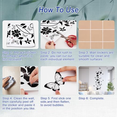 Black Flower Wall Stickers for Bathroom Vines and Butterfly Decals