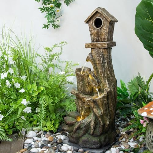 Outdoor Water Fountain with LED Lights - Rustic Garden Decor
