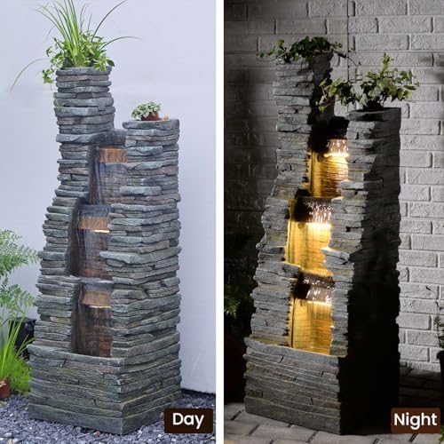 47 Inch Gray Outdoor Fountain With LED Lights And Pump