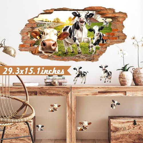 3D Broken Wall Decals Funny Cow Art for Living Room Kitchen